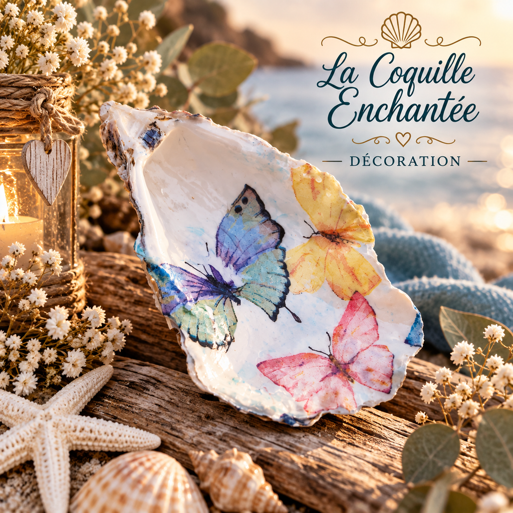 Coquille d’huître décorée avec motif papillon
